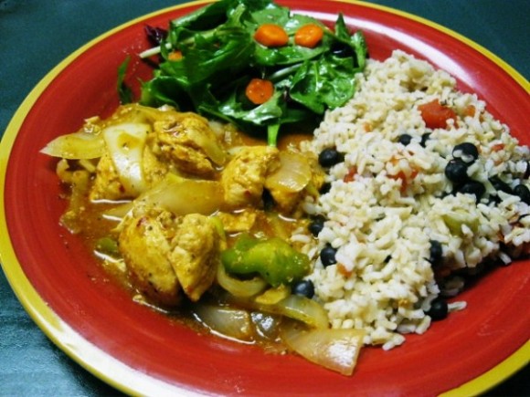 Mexican chicken, rice, and salad.